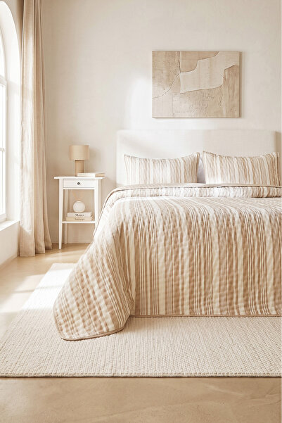 Ocean Home Textile Pamuklu Kapitoneli Bej Renk Çizgi Desen Çift Kişilik Yatak...