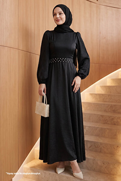 InStyle Glittery Satin Dress with Stone Belt - Black