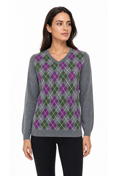 Desen Triko Women's V-Neck Diamond Patterned Wool Sweater Smoked_A.Mor
