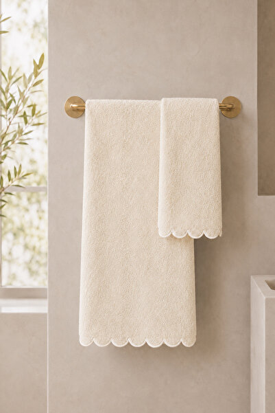 Ellia Soft Lavinya %100 Pamuklu Dalgalı Nakışlı Havlu Seti - 50x90 & 70x140 c...
