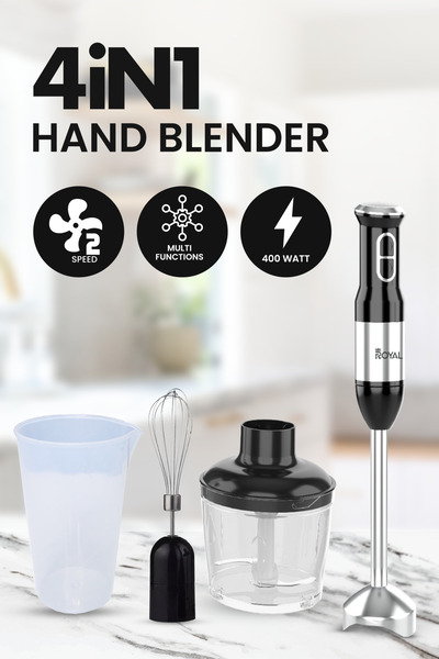 Royal Appliances خلاط يدوي كهربائي 4 في 1 بقوة 400 واط، خلاط عصا وخلاط غاطس مع مفرمة، سعة 1.0 لتر – RA-HB1375
