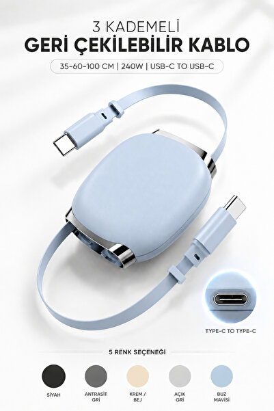 NOREXA Type C Şarj Kablosu 240W Hızlı Şarj USB C to USB C Geri Çekilebilir Ma...
