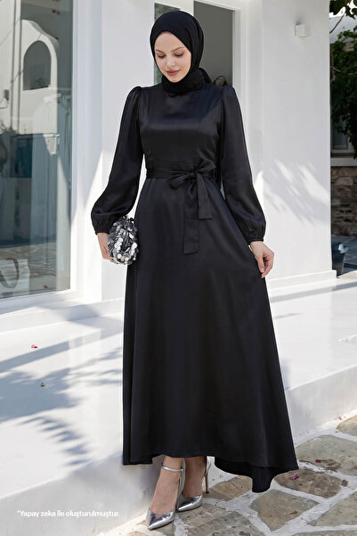 InStyle Belted Balloon Sleeve Satin Dress - Black