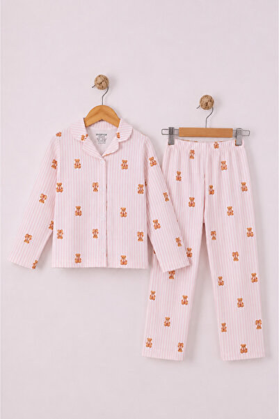 monox 100% Cotton Girls' Buttoned Pajama Set - Long Sleeve
