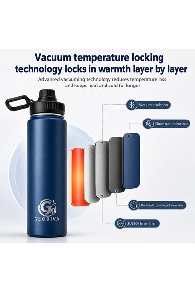 GLOBIVA Insulated Stainless Steel Water Bottle 750ml (25.4 oz), Double Wall Vacuum Flask with Handle, Leak Proof Wide Mouth, Hot & Cold, Dark Blue