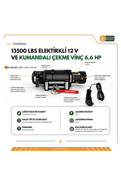 TarımGaraj Tarım Garaj 13500 LBS Elektirkli 12 V ve Kumandalı Çekme Vinç 6.6 HP