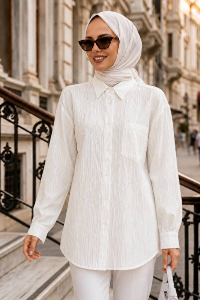 Neva Style Çizgili Bambu Ekru Tesettür Gömlek 15587E