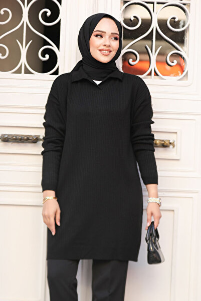 Neva Style Corded Fabric Black Hijab Knitwear Tunic 65903S