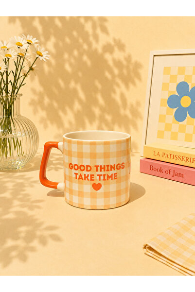 Junno Gift Good Things Take Time 240 ml Seramik Baskılı Kupa – Turuncu Kulplu...
