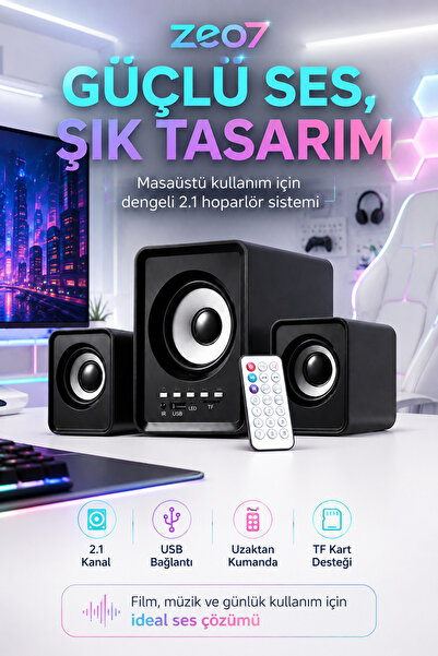 Zeo7 USB 2.1 Bluetooth Hoparlör, 5W+3W*2 Çıkış Gücü, Uzaktan Kumanda ve TF Ka...