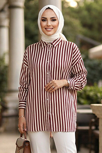 Neva Style Çizgili Modal Bordo Tesettür Gömlek 52342BR