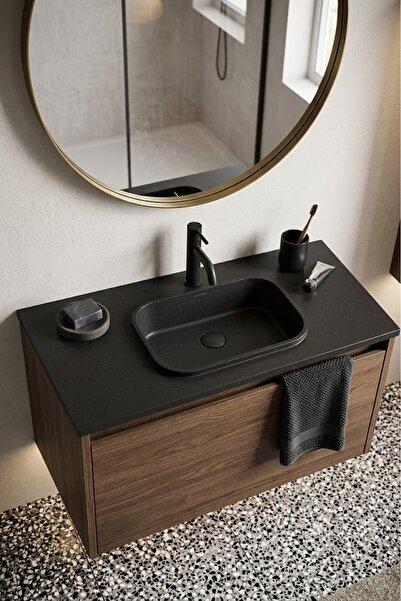 RealStone Pure Etajerli Granit Lavabo 80*50 cm Siyah