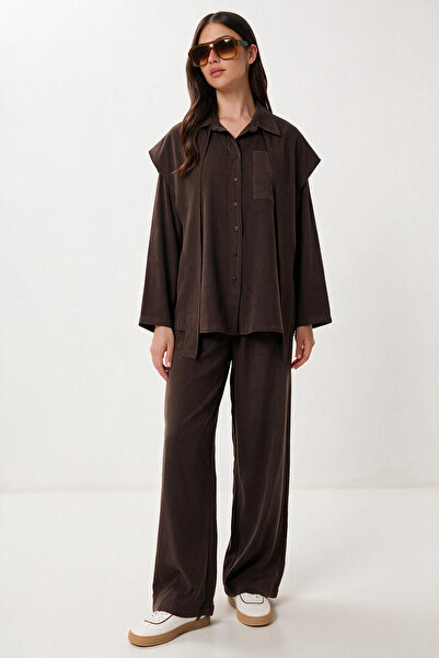 Lovelyİstanbul Scarf Detailed Gabardine Shirt and Trousers Set Lby0070 Brown