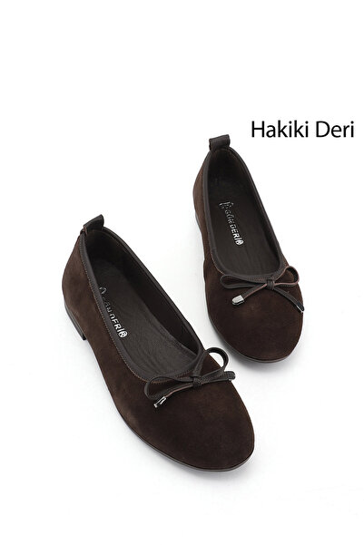 GÖNDERİ(R) Women's Brown Suede Bowknot Genuine Leather Ballerinas