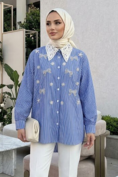 Neva Style Dantel Yaka Nakış Detaylı Çizgili Poplin Lacivert Tesettür Gömlek ...