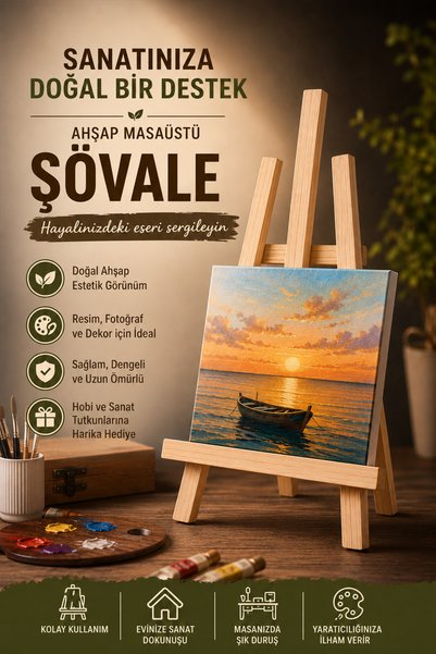 kutuTR Masaüstü Şövale, Ahşap, Mini Şövale, Üç Ayaklı, Resim Şövalesi, Ressam Sehpası 29x35