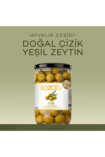 kozoliv Doğal Ayvalık Çeşidi Çizik Yeşil Zeytin 400 gr Cam Kavanoz