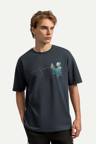 KAFT Tricou oversize/relax pentru bărbați, albastru marin - 100% bumbac |   (Monosansu)