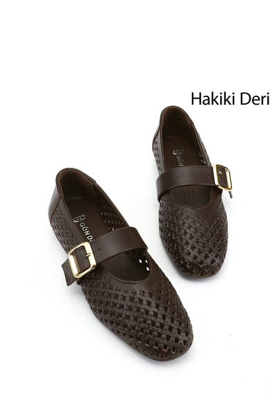 GÖNDERİ(R) Women's Brown Antique Printed Mary Janes Genuine Leather Ballet Flats