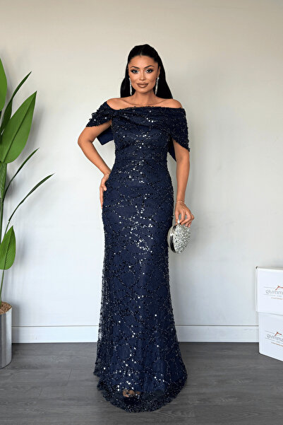 giyimmasalı Beaded Lace Fabric Boat Neck Evening Dress - Dark Blue