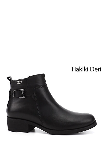 GÖNDERİ(R) Women's Black Zippered Thick Heeled Genuine Leather Boots