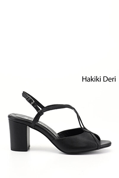 GÖNDERİ(R) Kadın Siyah Kalın Topuklu Arkası Açık Hakiki Deri Sandalet