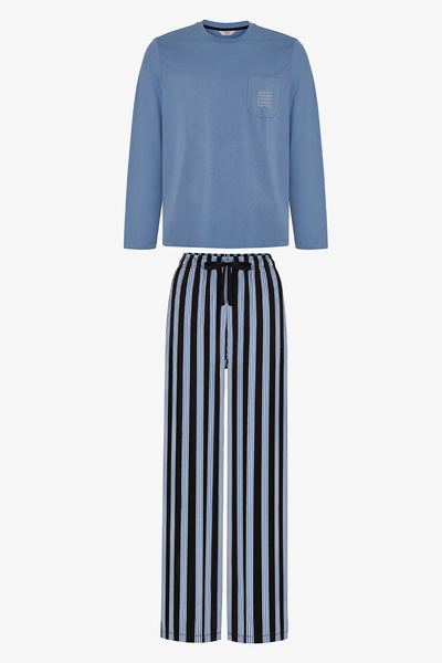 Penti Men's Steel Blue Striped Trousers Long Sleeve Pajama Set