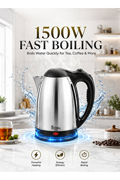 Royal Appliances غلاية ماء كهربائية سعة 1.8 لتر مصنوعة من الفولاذ المقاوم للصدأ، غليان سريع مع إيقاف تشغيل تلقائي، 1500 واط، RA-EK1867