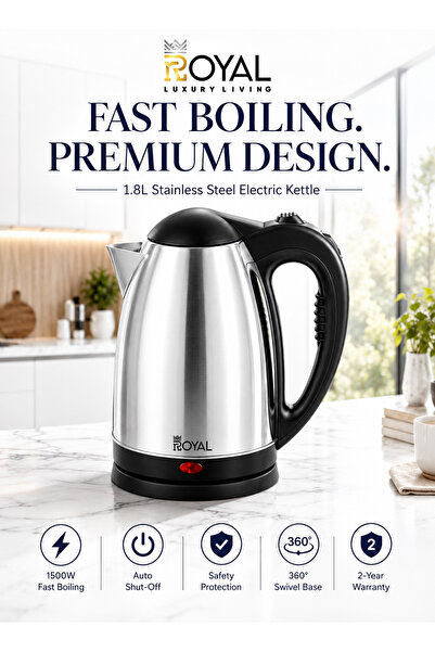 Royal Appliances غلاية ماء كهربائية سعة 1.8 لتر مصنوعة من الفولاذ المقاوم للصدأ، غليان سريع مع إيقاف تشغيل تلقائي، 1500 واط، RA-EK1867