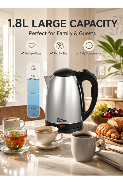 Royal Appliances غلاية ماء كهربائية سعة 1.8 لتر مصنوعة من الفولاذ المقاوم للصدأ، غليان سريع مع إيقاف تشغيل تلقائي، 1500 واط، RA-EK1867