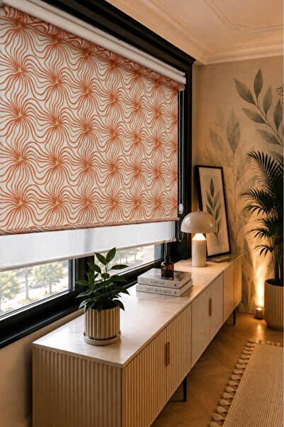 PERDEMANİA Çiftli Sistem Hare Desenli Tül ve Ekru Mat Polyester Stor Perde
