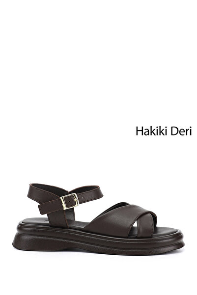 GÖNDERİ(R) Women's Brown Antique Buckle Strap Genuine Leather Sandals