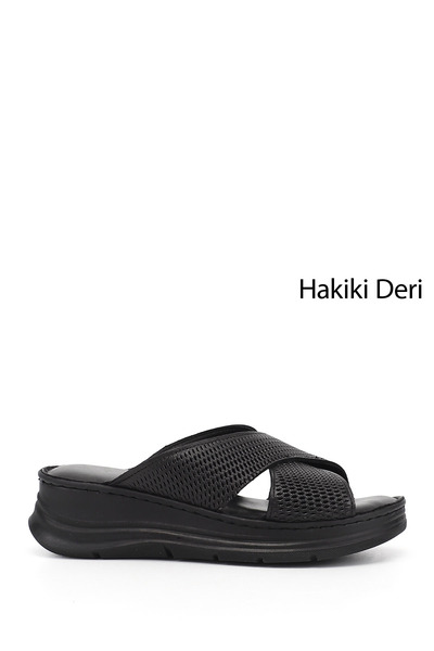 GÖNDERİ(R) Women's Black Wedge Sole Genuine Leather Slippers