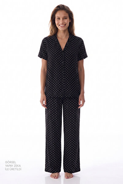 Penti Black White Polka Dot Patterned Short Sleeve Shirt Pants Pajama Set