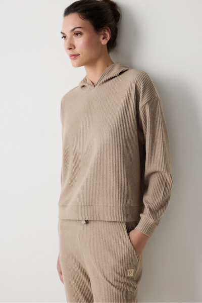Penti Beige Hooded Ribbed Soft Sweatshirt