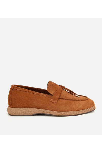 Hotiç Kadın Süet Deri Taba Gold Aksesuarlı Klasik Loafer