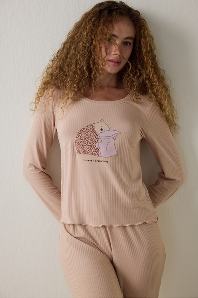 Penti Beige Dreaming Leopard Print Crew Neck Long Sleeve Pajama Top
