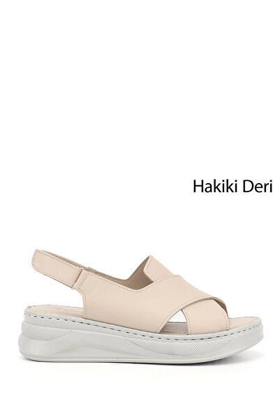 GÖNDERİ(R) Women's Beige Velcro Strap Wedge Heel Genuine Leather Comfort Sandals