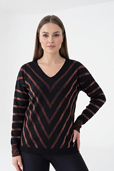 Bİ.GİYSEN Women's Black-Gold V-Neck Glittery Diagonal Striped Stretch Fabric ...