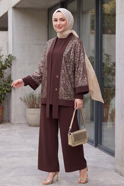 Modamorfo 3-Piece Sendy Set with Sequin Pullover Cardigan - Brown