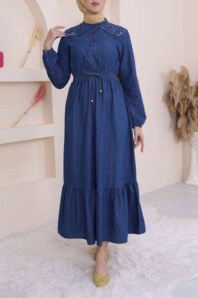 Modamorfo Long Denim Dress with Pearls on Shoulders and Elastic Waist