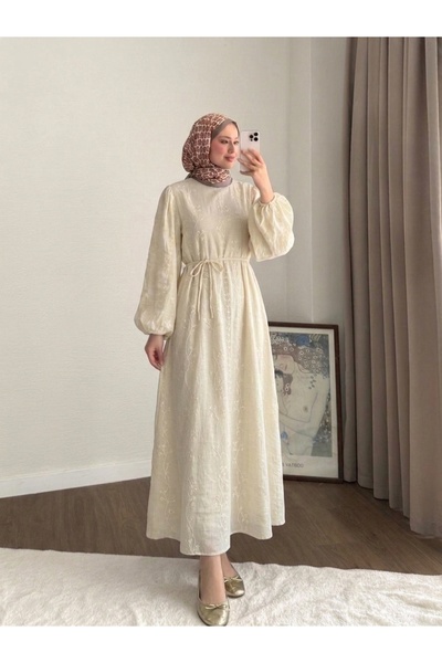 RFK Butik Kadın Bel Bağlamalı Nakış Detaylı Tensel Elbise - Bej