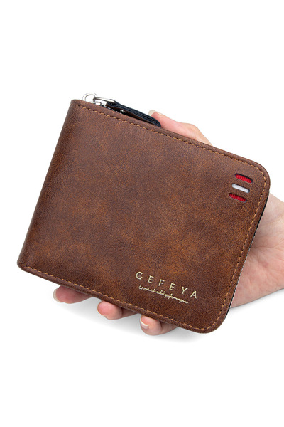 Choice Brown Men's Vintage Short Wallet - Trifold Zipper Coin Purse, Casual B...