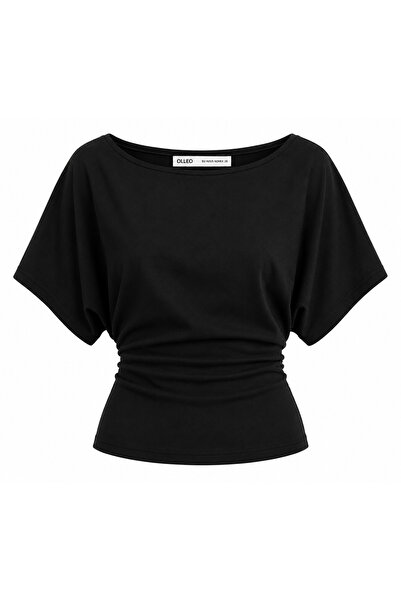 olleo studio Kadın Siyah Modal Slim Fit Yarasa Kol Kayık Yaka Tişört