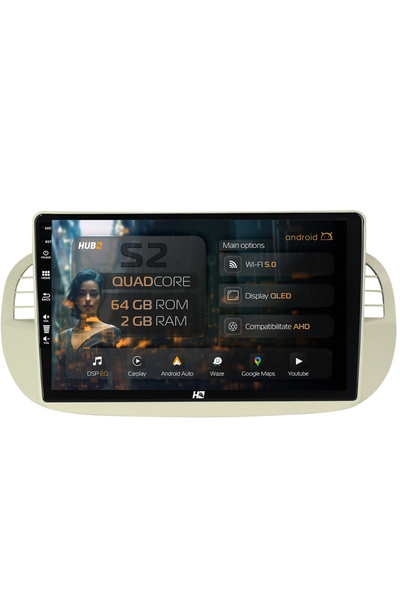 HUB64 Navigație Android Fiat 500 (2007-2014), 9 inch, 2GB RAM, CarPlay și And...