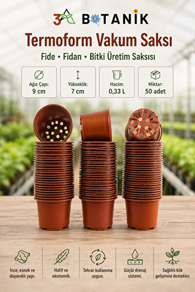 3A BOTANİK Termoform Bitki Üretim Saksısı, 9x7 cm 0,33 Litre Fide Fidan Bitki...