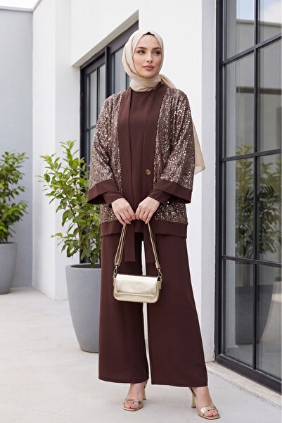 Modamorfo 3-Piece Sendy Set with Sequin Pullover Cardigan - Brown