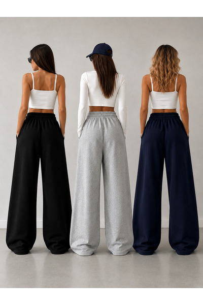 CAONNES Women's 3-Piece Black Gray Navy Blue Two-Thread Oversize Sweatpants
