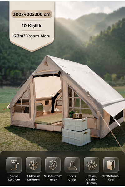 MAKAMP 10 Kişilik Şişme Kamp Çadırı 4 Mevsim Baca Çıkışlı Pompa Hediyeli