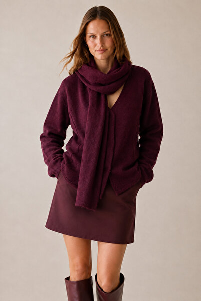 LOOSH Kadın Bordo V Yaka Şal Detaylı Oversize Hırka